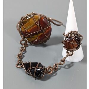 Artisan Copper Tiger's Eye Wire Wrapped Slave Bracelet Ring Hand Chain Set